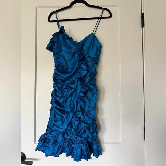 betsey johnson blue silk dress AUTHENTIC BETSEY JOHNSON SILK RUFFLE DRESS  leefluxury.com